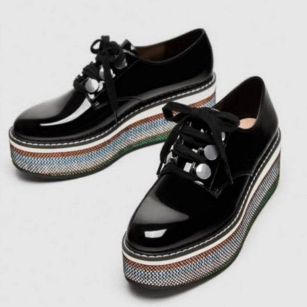 Zara Oxford Derby Oxford Patent Leather Platform Shoe Multi Colour Sz 7.5